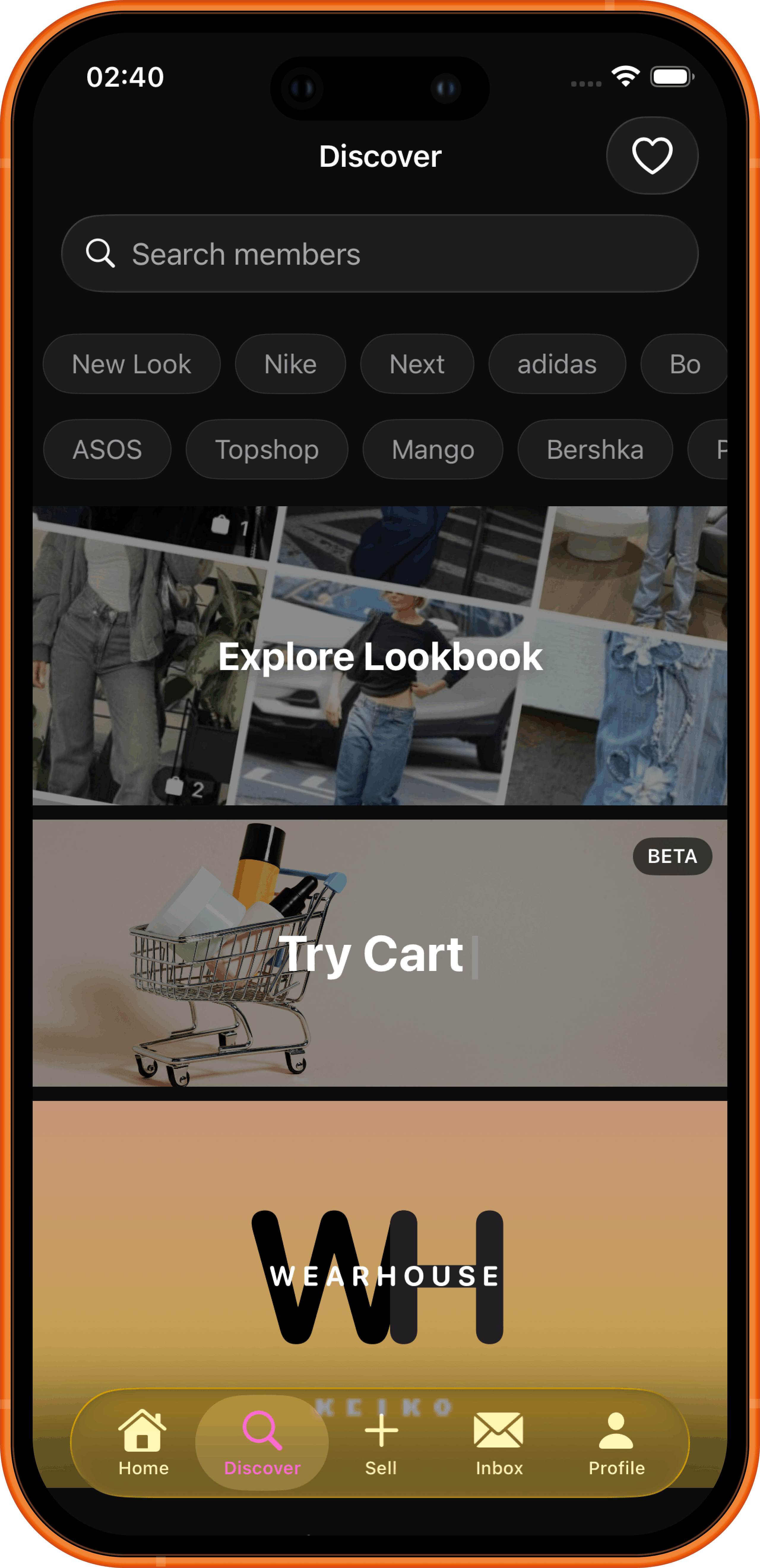 Wearhouse app, profile and shop