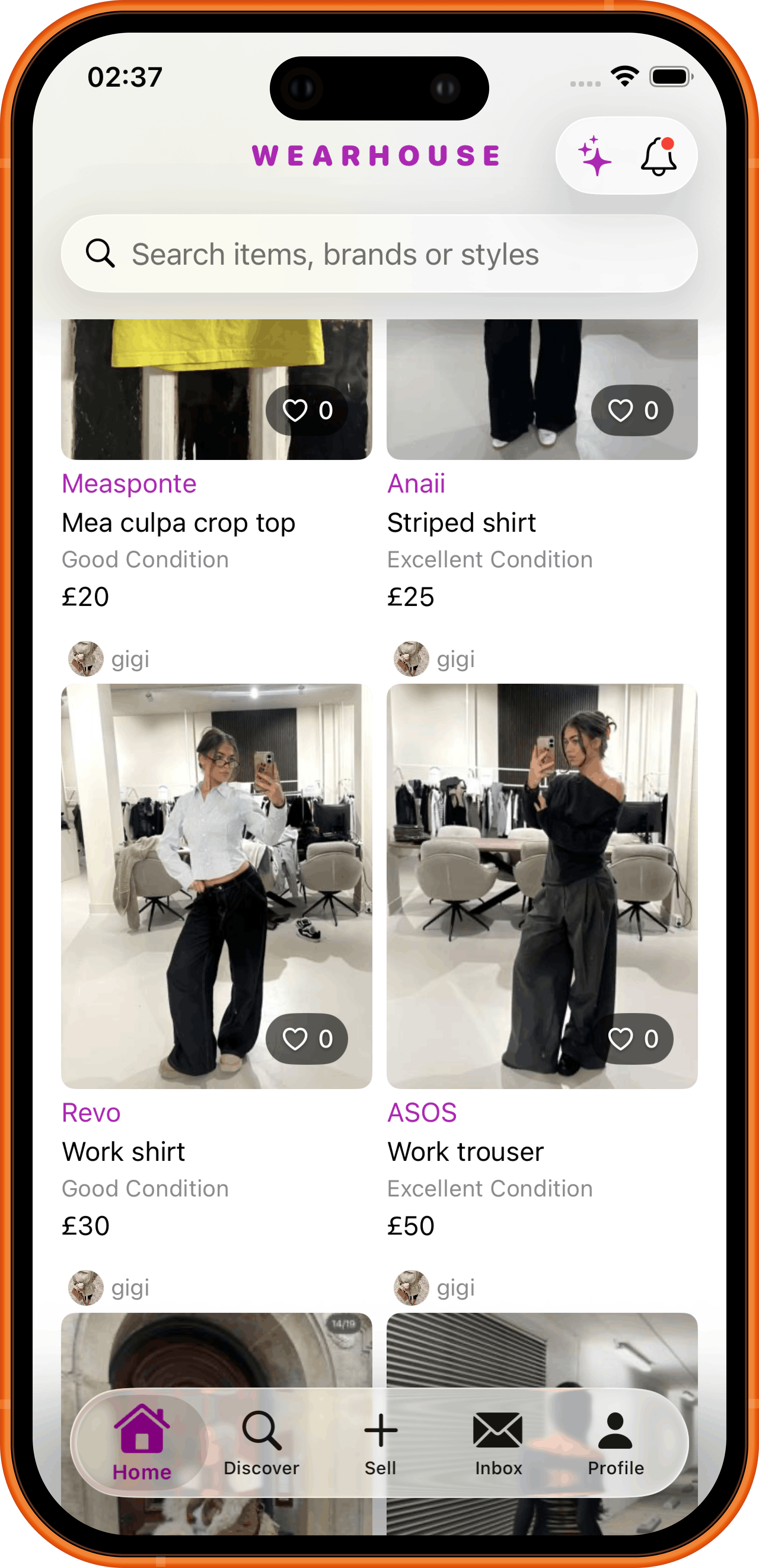 Wearhouse app, inbox and orders